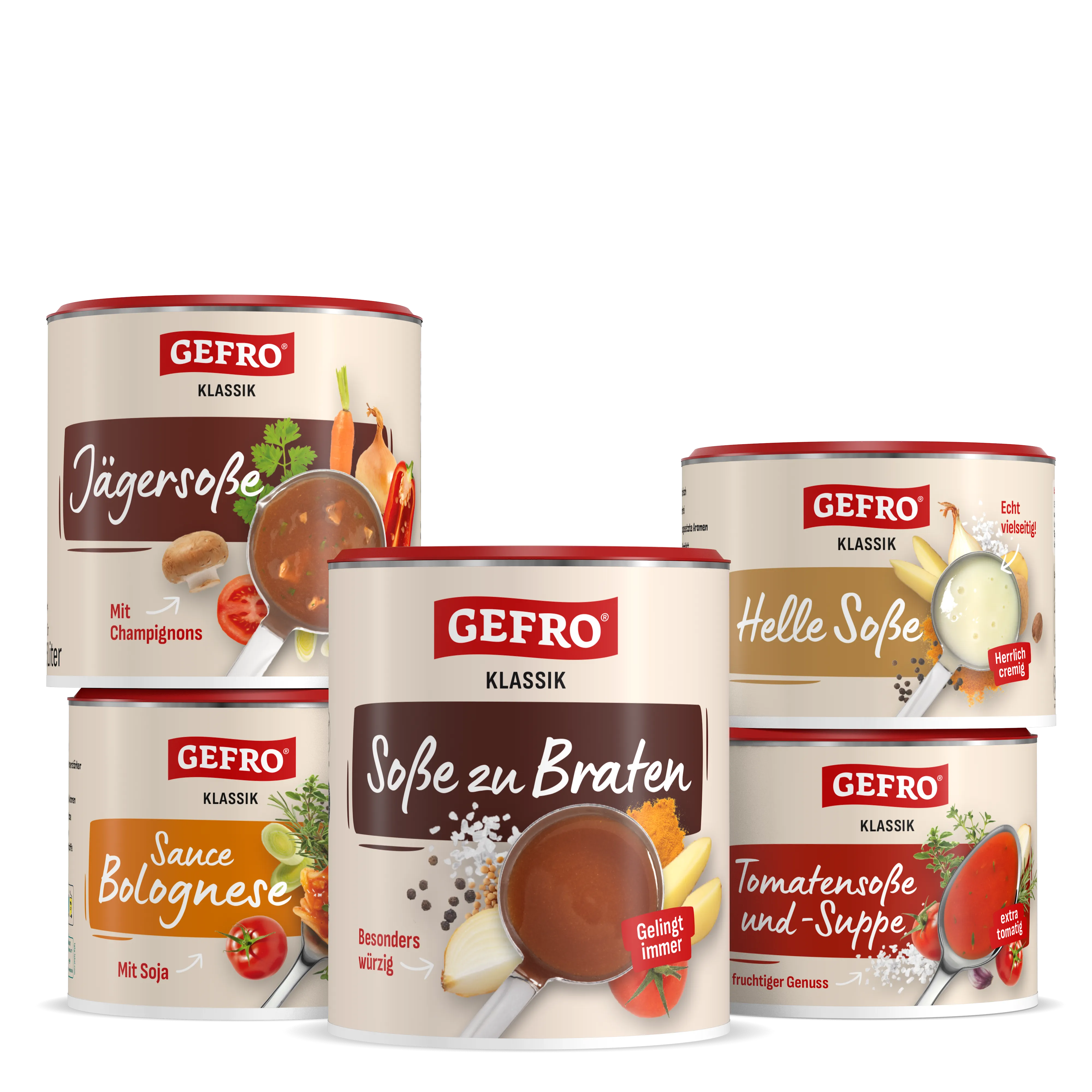 Fünf GEFRO Klassik Dosen mit Soßen und Suppen, darunter Jägersoße, helle Soße und Sauce Bolognese im Set
