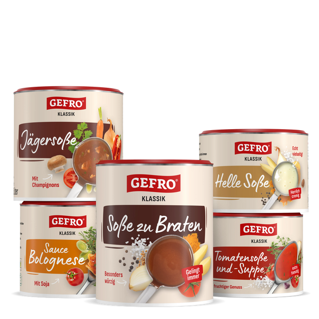 Fünf GEFRO Klassik Dosen mit Soßen und Suppen, darunter Jägersoße, helle Soße und Sauce Bolognese im Set