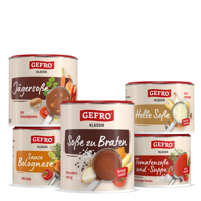 Fünf GEFRO Klassik Dosen mit Soßen und Suppen, darunter Jägersoße, helle Soße und Sauce Bolognese im Set