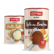 Zwei GEFRO Klassik Soßenpulver-Dosen: helle Soße und Soße zu Braten, mit Zutatenabbildungen auf der Verpackung.