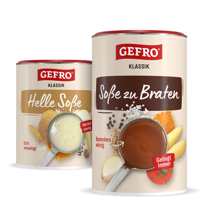 Zwei GEFRO Klassik Soßenpulver-Dosen: helle Soße und Soße zu Braten, mit Zutatenabbildungen auf der Verpackung.