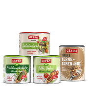 Vier GEFR0 Gewürzdosen und Samenmix: Salatwürze, Frühlingskräuter, Bella Italia und Omega-3 Kerne-Samen-Mix.