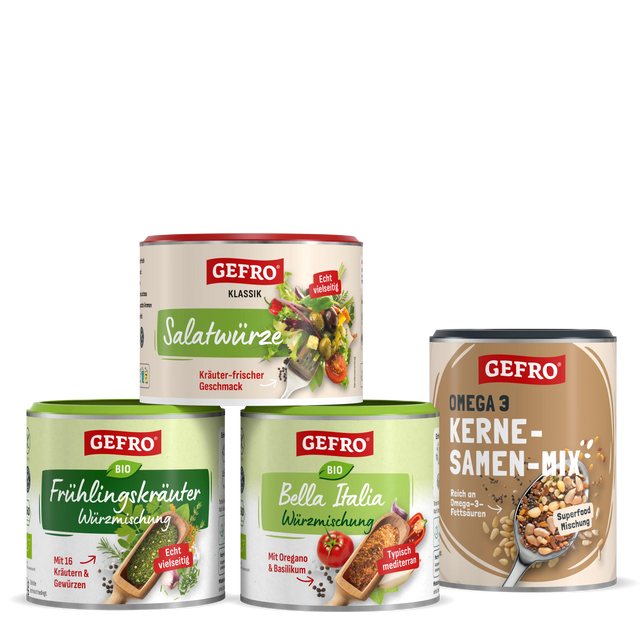 Vier GEFR0 Gewürzdosen und Samenmix: Salatwürze, Frühlingskräuter, Bella Italia und Omega-3 Kerne-Samen-Mix.