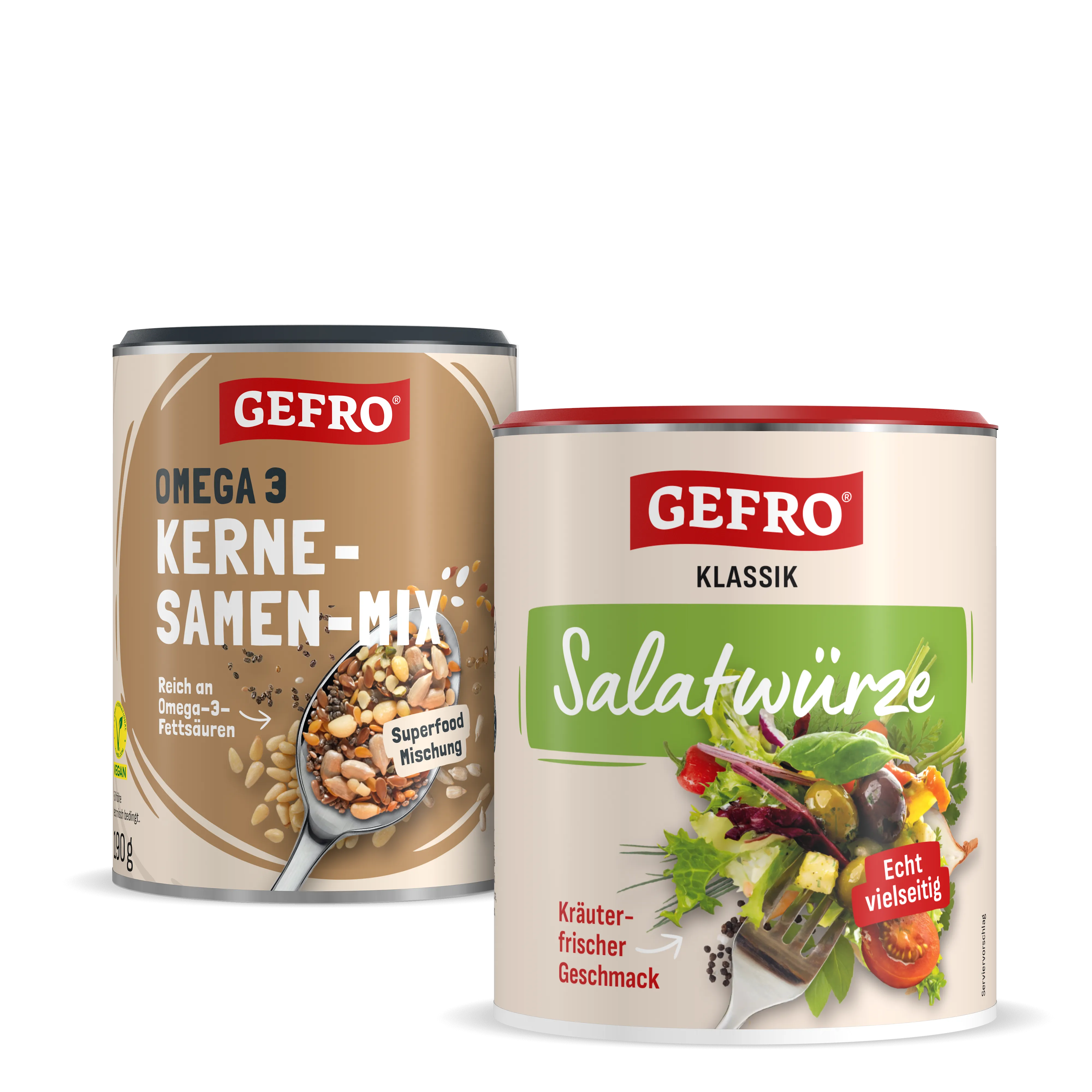 Zwei GEFRO Dosen mit Kernesamen-Mix und Salatwürze, nebeneinander als Produktbild vor weißem Hintergrund