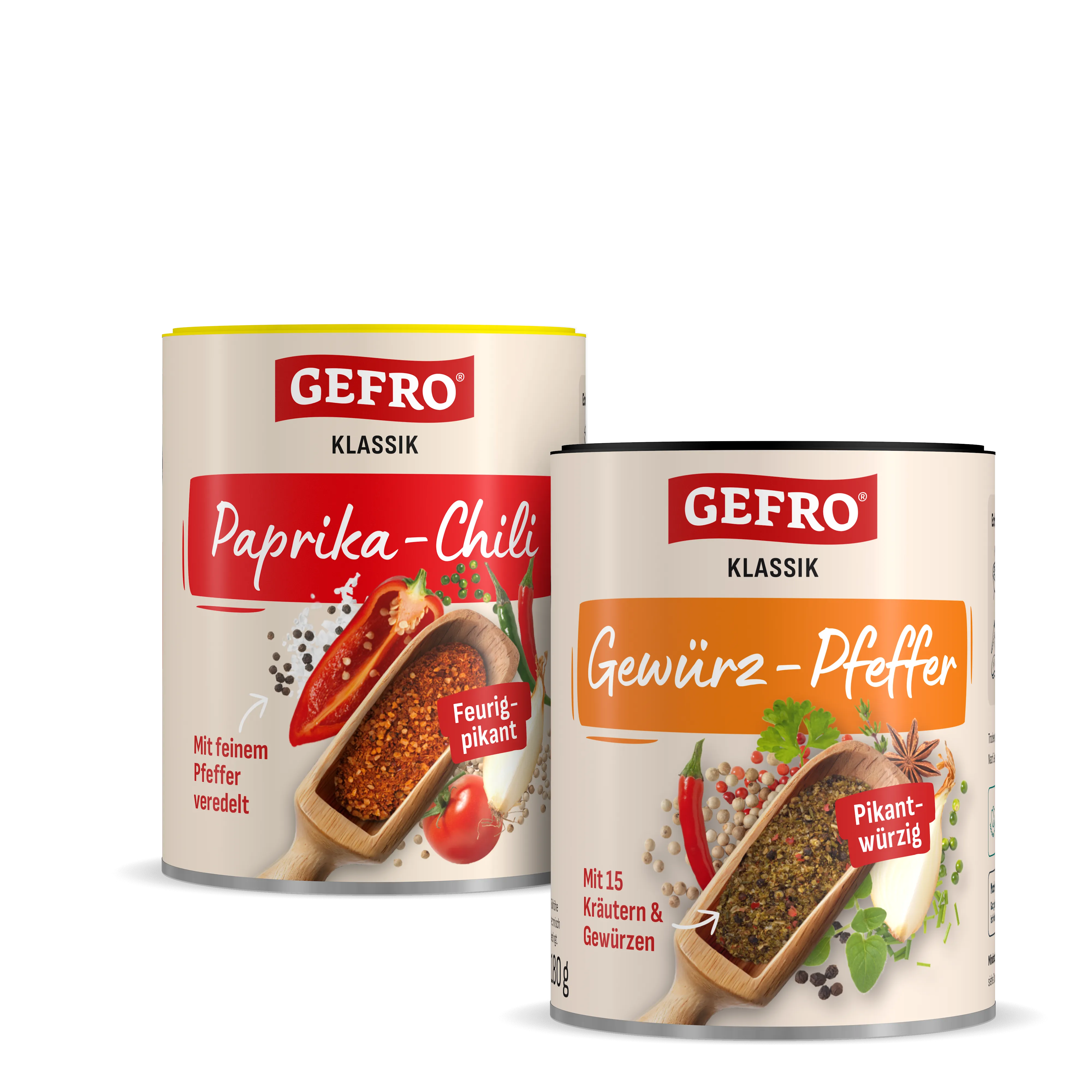 Zwei GEFRO Klassik Gewürzdosen mit Paprika-Chili und Gewürz-Pfeffer, freigestellt vor schwarzem Hintergrund