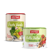Zwei GEFRO Gewürzdosen: Pesto Verde Klassik und Bio Bella Italia Würzmischung, freigestellt vor schwarzem Hintergrund