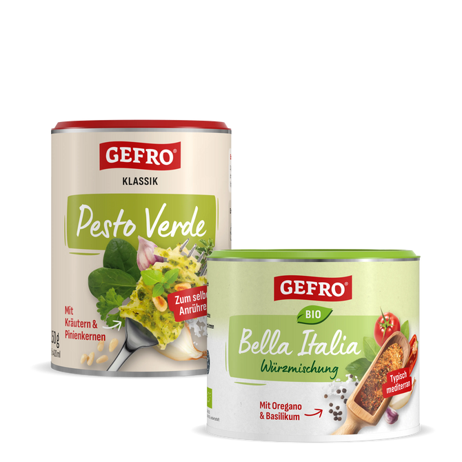 Zwei GEFRO Gewürzdosen: Pesto Verde Klassik und Bio Bella Italia Würzmischung, freigestellt vor schwarzem Hintergrund
