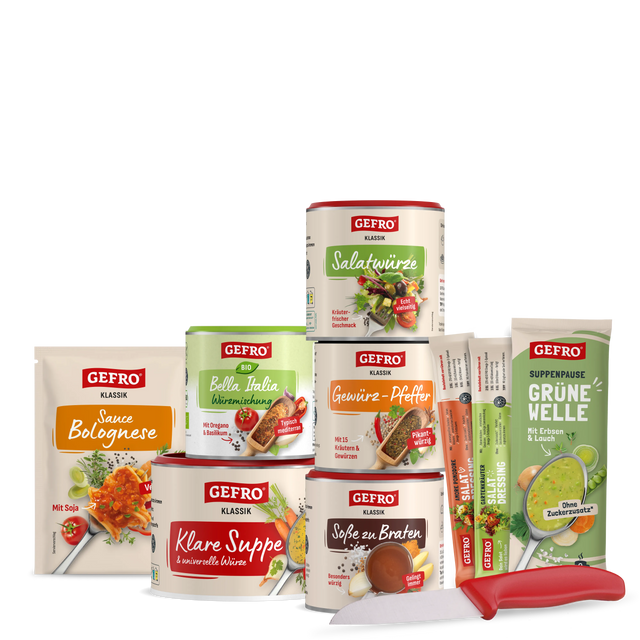 Sortiment von GEFRO Gewürzen, Suppen und Saucen in Dosen, Beuteln und Sticks, vorne mit rotem Messer arrangiert