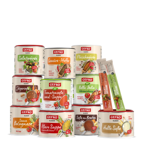 Mehrere GEFRO Gewürze, Suppen und Soßen in Dosen sowie zwei Salat-Dressing-Sticks als Produktübersicht