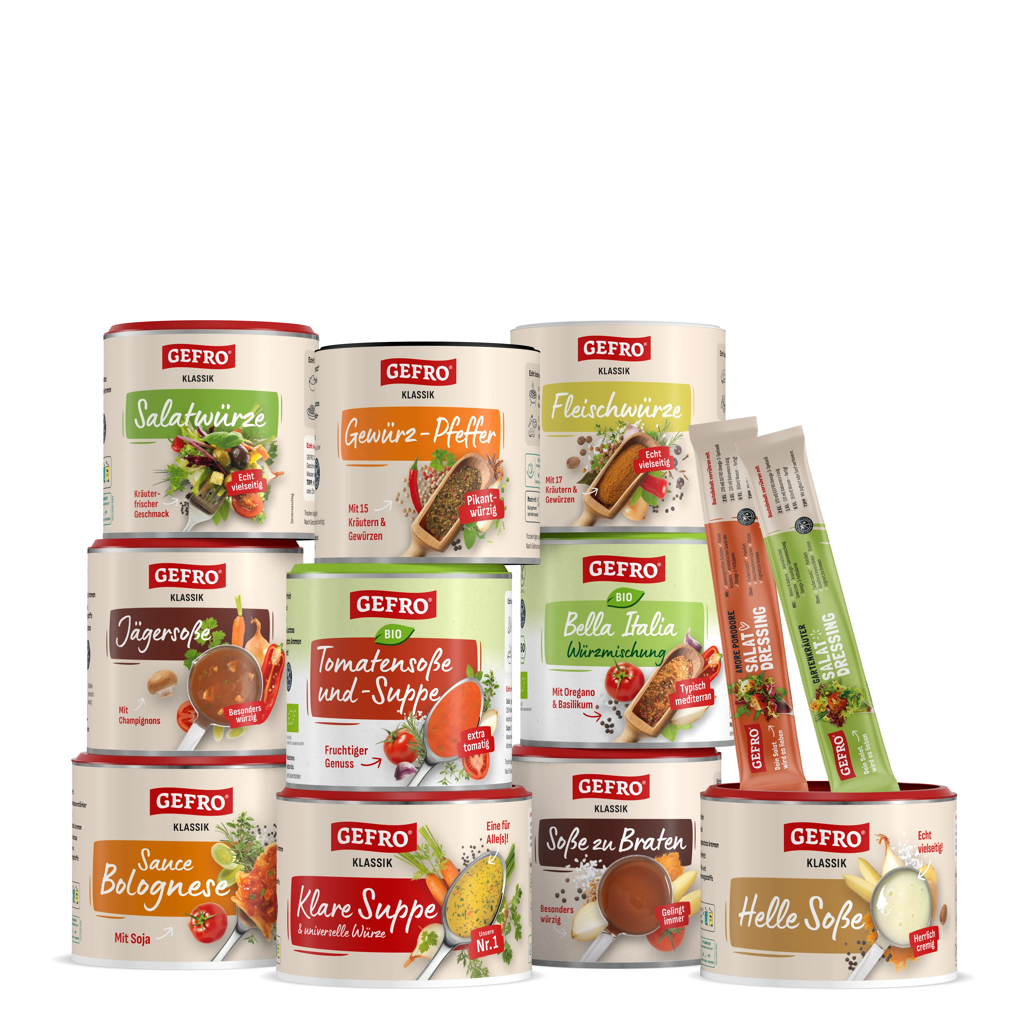 Mehrere GEFRO Gewürze, Suppen und Soßen in Dosen sowie zwei Salat-Dressing-Sticks als Produktübersicht
