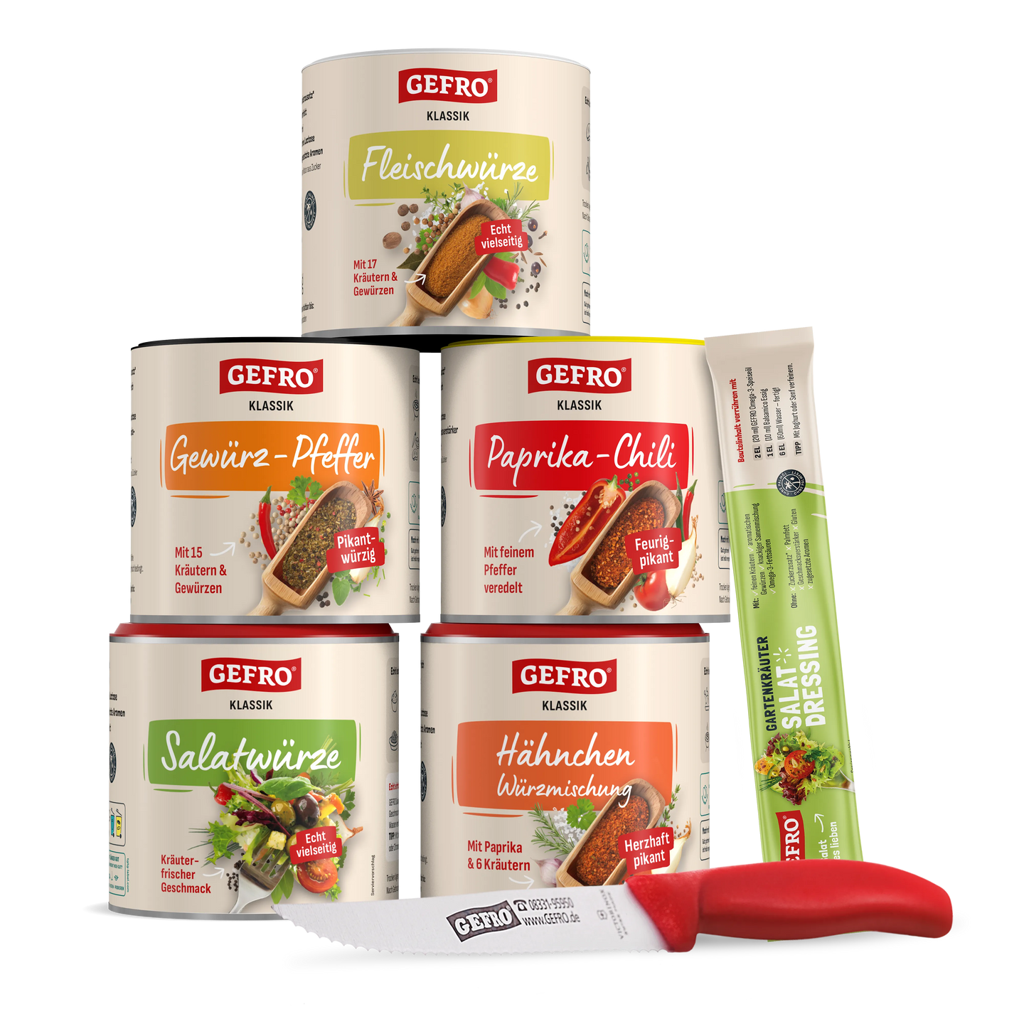 GEFRO Gewürzsortiment mit fünf Dosen, Dressingbeutel und Küchenmesser, präsentiert als Geschenk- oder Probier-Set