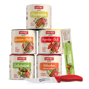 GEFRO Gewürzsortiment mit fünf Dosen, Dressingbeutel und Küchenmesser, präsentiert als Geschenk- oder Probier-Set