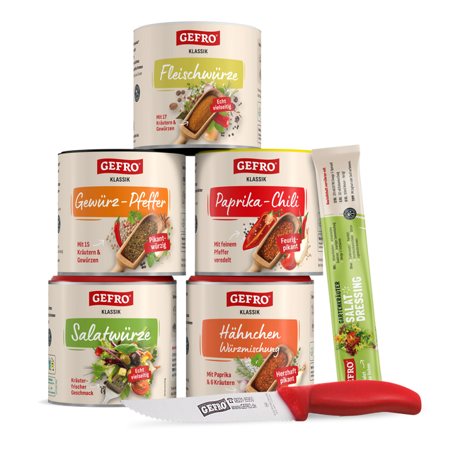 GEFRO Gewürzsortiment mit fünf Dosen, Dressingbeutel und Küchenmesser, präsentiert als Geschenk- oder Probier-Set