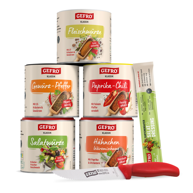 GEFRO Gewürzsortiment mit fünf Dosen, Dressingbeutel und Küchenmesser, präsentiert als Geschenk- oder Probier-Set