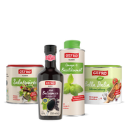 Vier GEFRO Produkte: Salatwürze, Aceto Balsamico, Basilikumöl und Bella Italia Würzmischung in Dosen und Flasche