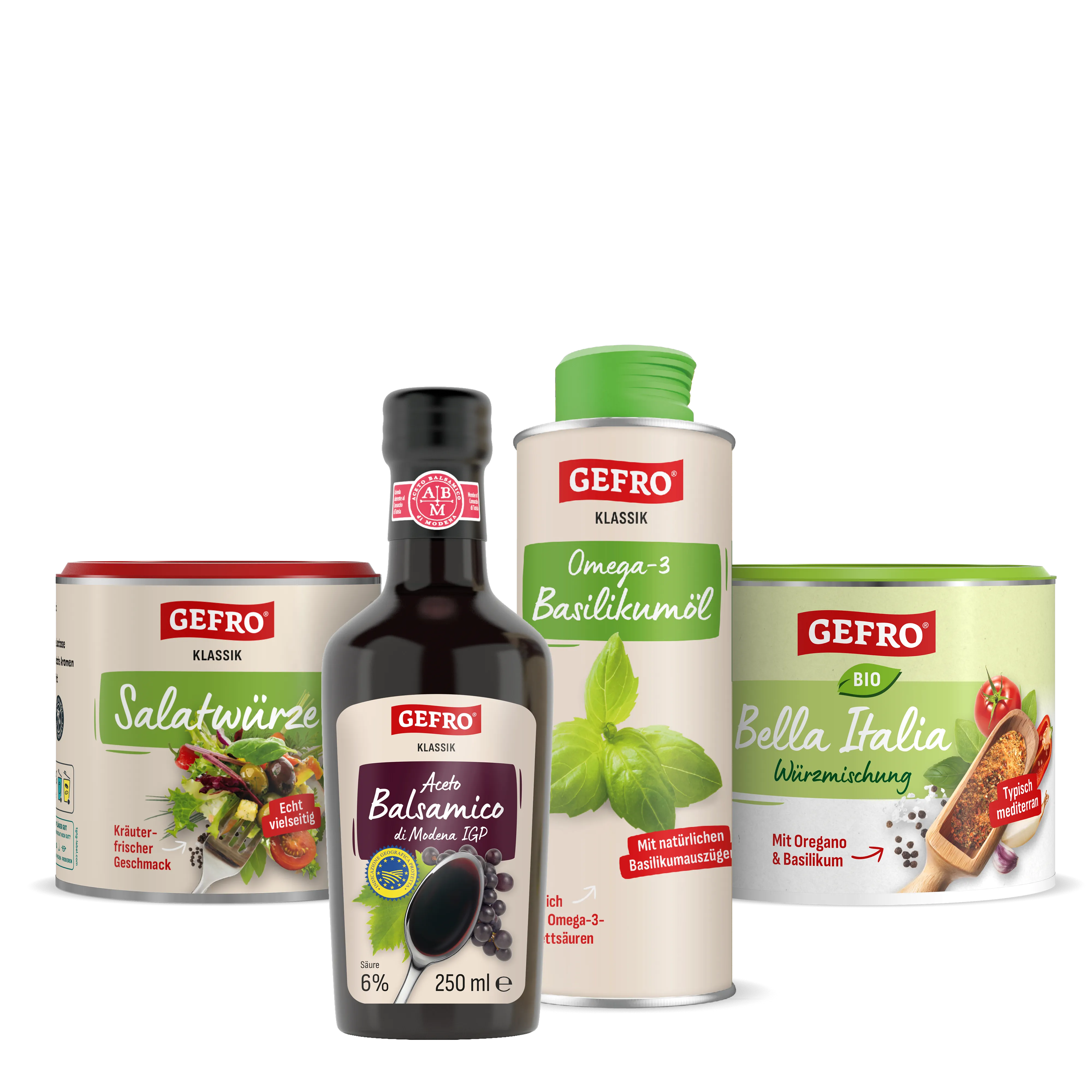 Vier GEFRO Produkte: Salatwürze, Aceto Balsamico, Basilikumöl und Bella Italia Würzmischung in Dosen und Flasche