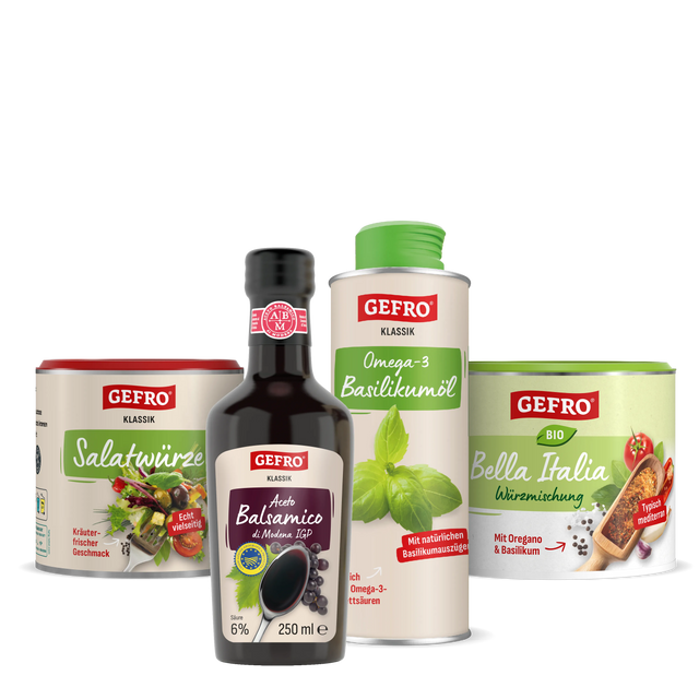 Vier GEFRO Produkte: Salatwürze, Aceto Balsamico, Basilikumöl und Bella Italia Würzmischung in Dosen und Flasche