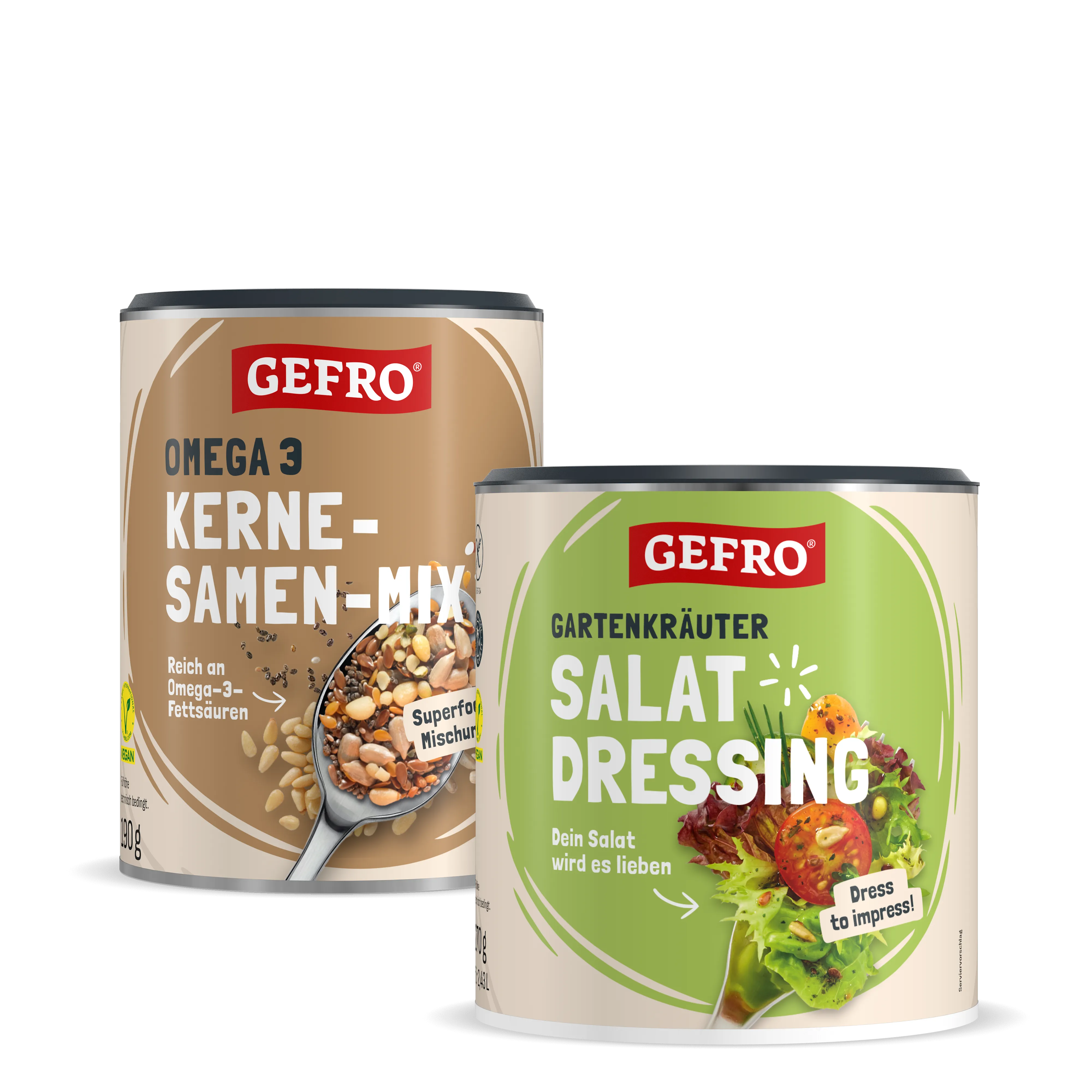 Zwei GEFRO Dosen: Omega-3 Kerne-Samen-Mix und Gartenkräuter Salat Dressing, freigestellt auf schwarzem Hintergrund
