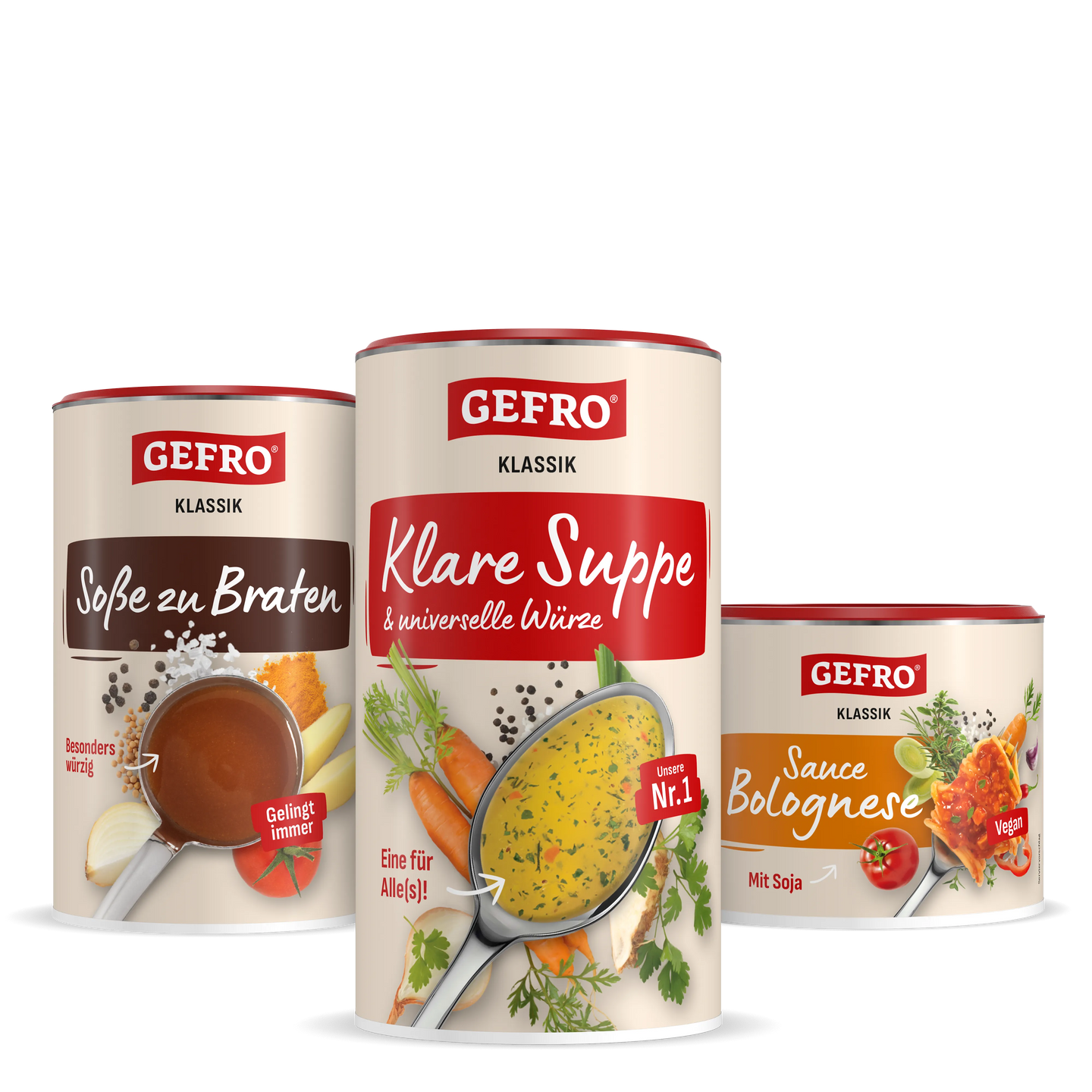 Drei GEFRO Klassik Dosen mit klarer Suppe, Soße zu Braten und veganer Sauce Bolognese vor weißem Hintergrund