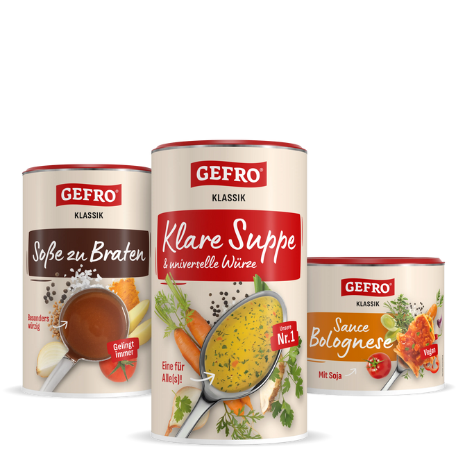 Drei GEFRO Klassik Dosen mit klarer Suppe, Soße zu Braten und veganer Sauce Bolognese vor weißem Hintergrund