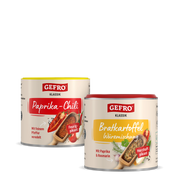 Zwei Gewürzdosen von Gefro Klassik: Paprika-Chili und Bratkartoffel Würzmischung, vorne freigestellt dargestellt