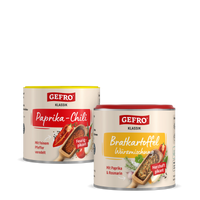 Zwei Gewürzdosen von Gefro Klassik: Paprika-Chili und Bratkartoffel Würzmischung, vorne freigestellt dargestellt
