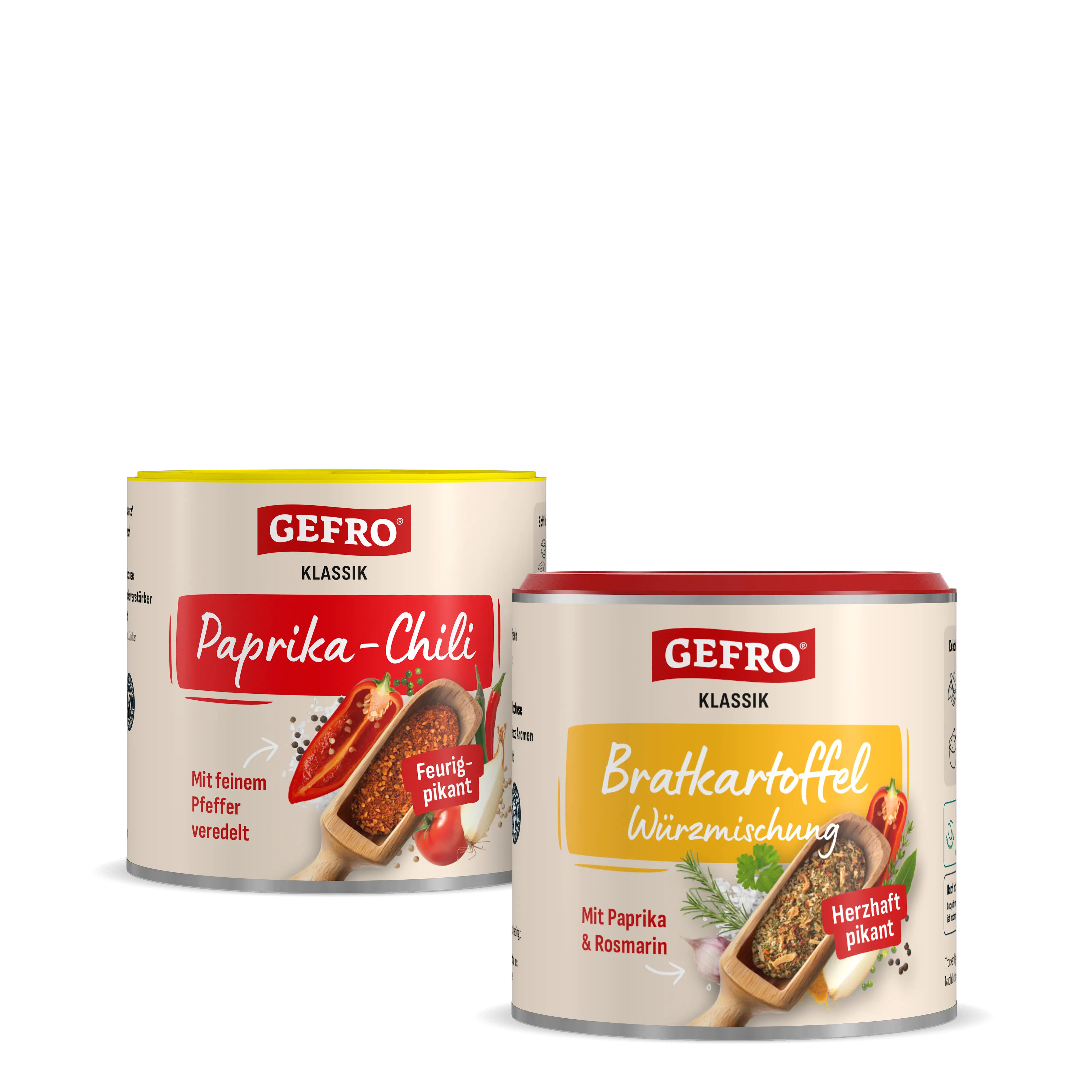 Zwei Gewürzdosen von Gefro Klassik: Paprika-Chili und Bratkartoffel Würzmischung, vorne freigestellt dargestellt