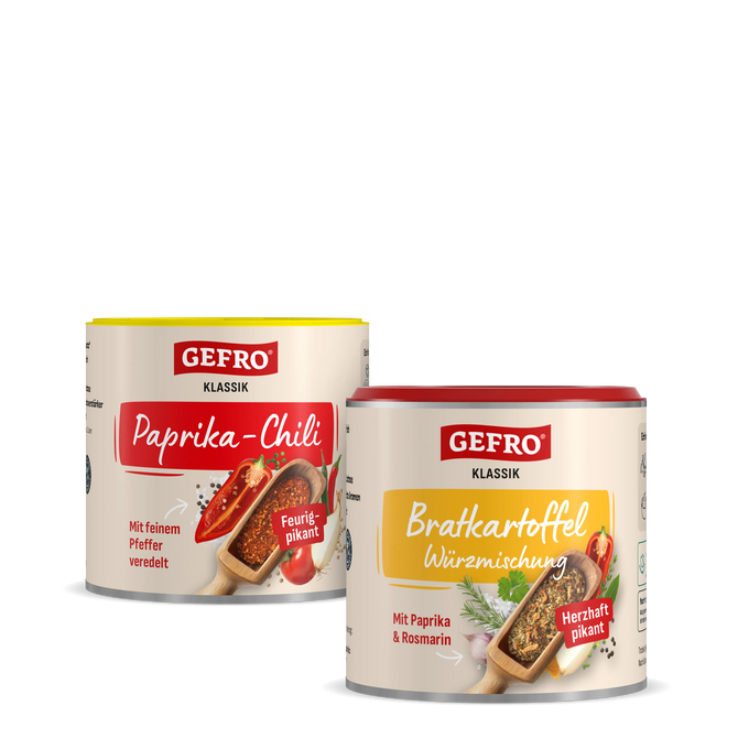 Zwei Gewürzdosen von Gefro Klassik: Paprika-Chili und Bratkartoffel Würzmischung, vorne freigestellt dargestellt