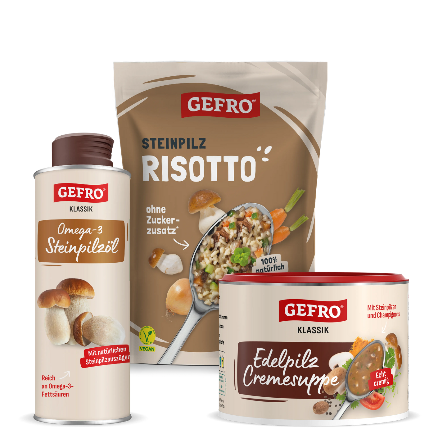 Drei GEFRO Steinpilz-Produkte: Risotto im Beutel, Steinpilzöl in der Flasche und cremige Edelpilz-Suppe in der Dose