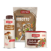 Drei GEFRO Steinpilz-Produkte: Risotto im Beutel, Steinpilzöl in der Flasche und cremige Edelpilz-Suppe in der Dose