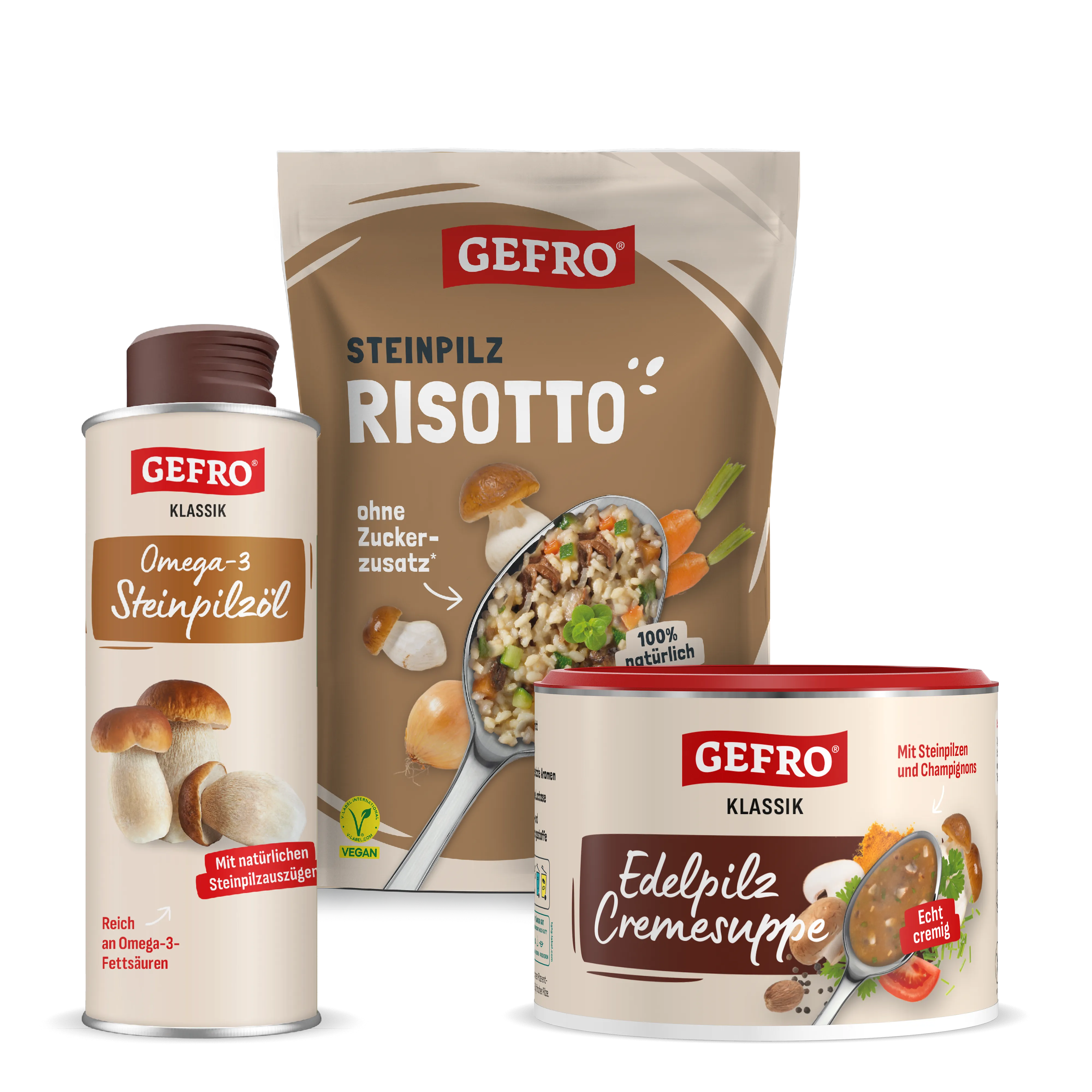 Drei GEFRO Steinpilz-Produkte: Risotto im Beutel, Steinpilzöl in der Flasche und cremige Edelpilz-Suppe in der Dose