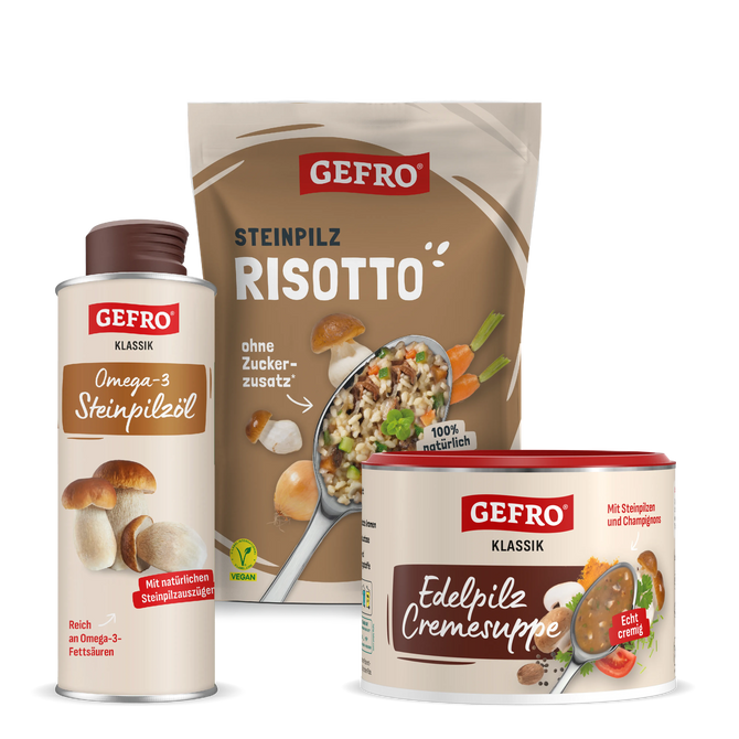 Drei GEFRO Steinpilz-Produkte: Risotto im Beutel, Steinpilzöl in der Flasche und cremige Edelpilz-Suppe in der Dose