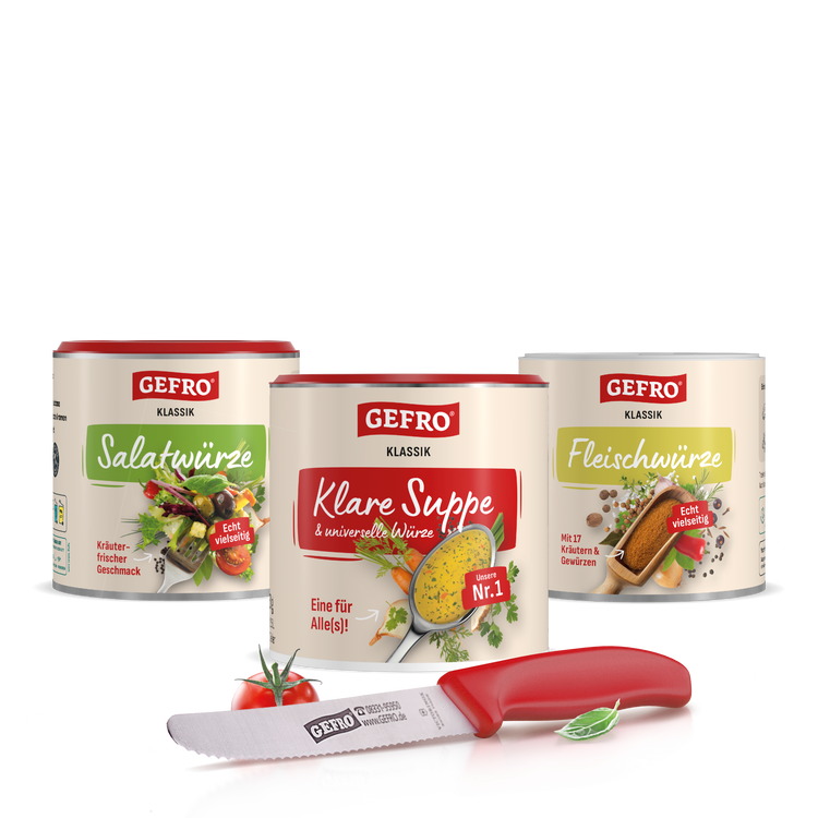 Drei GEFRO Gewürzdosen für Salat, Suppe und Fleisch mit rotem Küchenmesser, dekorativ als Produktübersicht angeordnet