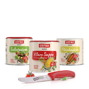 Drei GEFRO Gewürzdosen für Salat, Suppe und Fleisch mit rotem Messer, Tomate und Kräutern als Produktset.