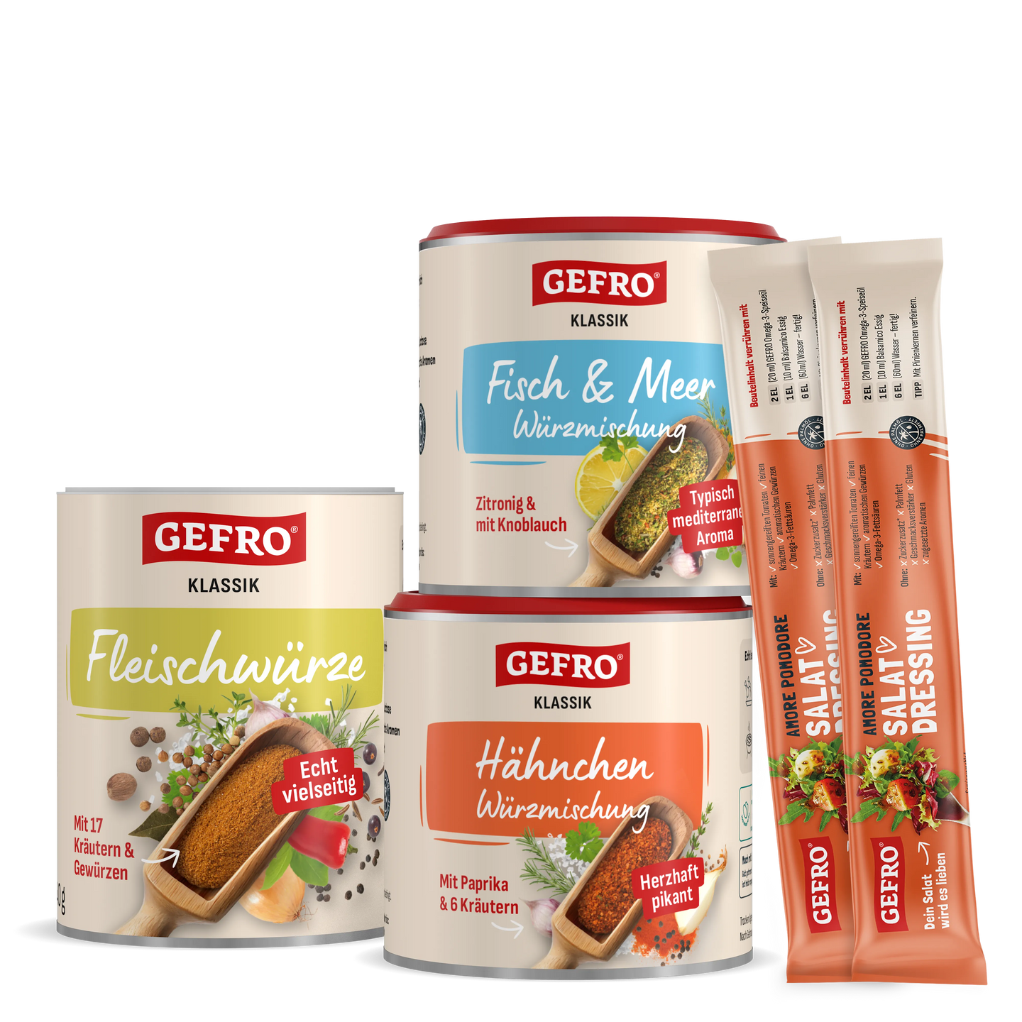 GEFRO Gewürzmischungen für Fleisch, Fisch und Hähnchen sowie zwei Salat-Dressing-Sticks in einer Produktübersicht