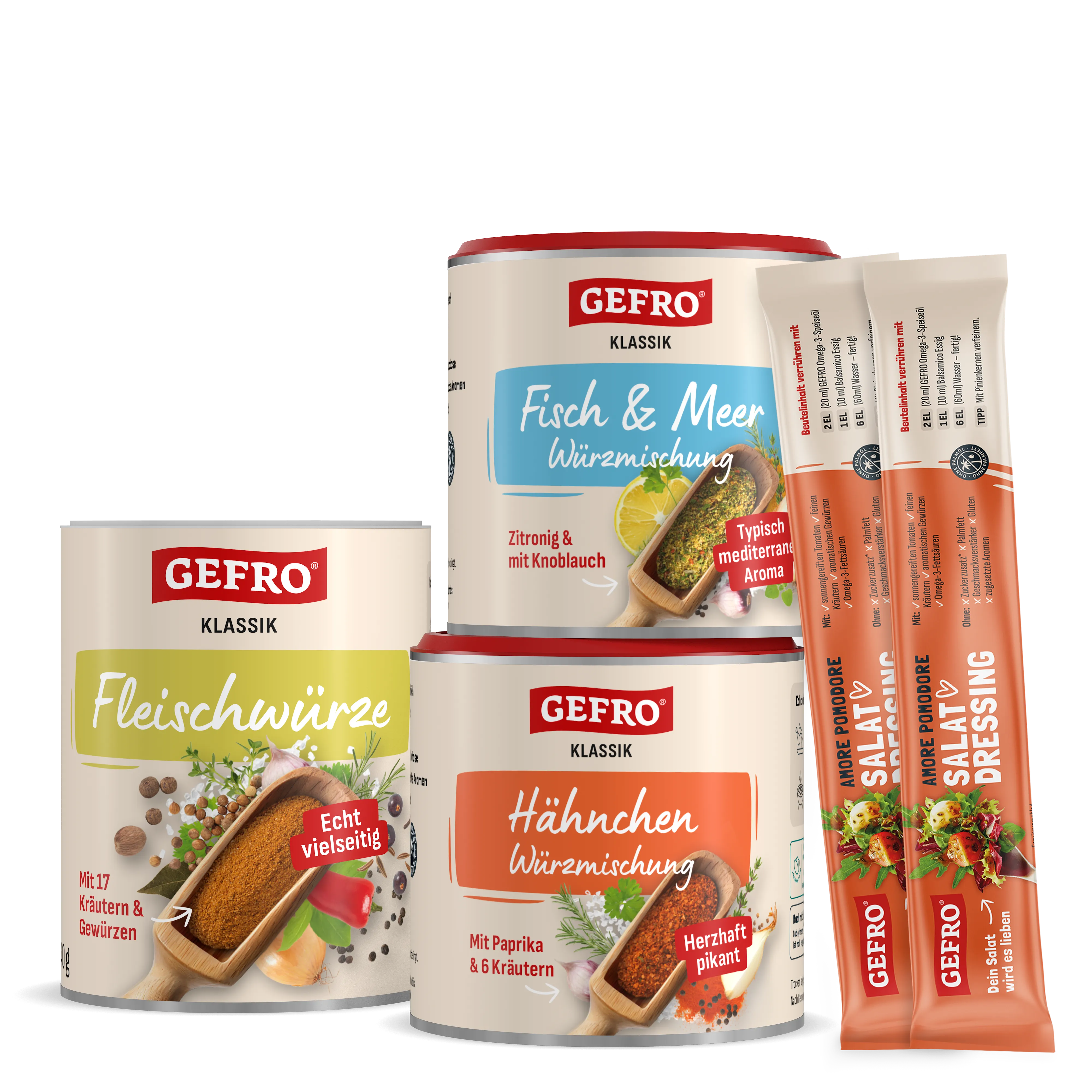 GEFRO Gewürzmischungen für Fleisch, Fisch und Hähnchen sowie zwei Salat-Dressing-Sticks in einer Produktübersicht
