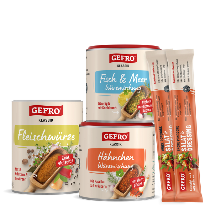 GEFRO Gewürzmischungen für Fleisch, Fisch und Hähnchen sowie zwei Salat-Dressing-Sticks in einer Produktübersicht