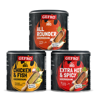 Drei GEFRO BBQ Gewürzdosen: All Rounder, Chicken & Fish sowie Extra Hot & Spicy, für Grillen, Rub und Marinade