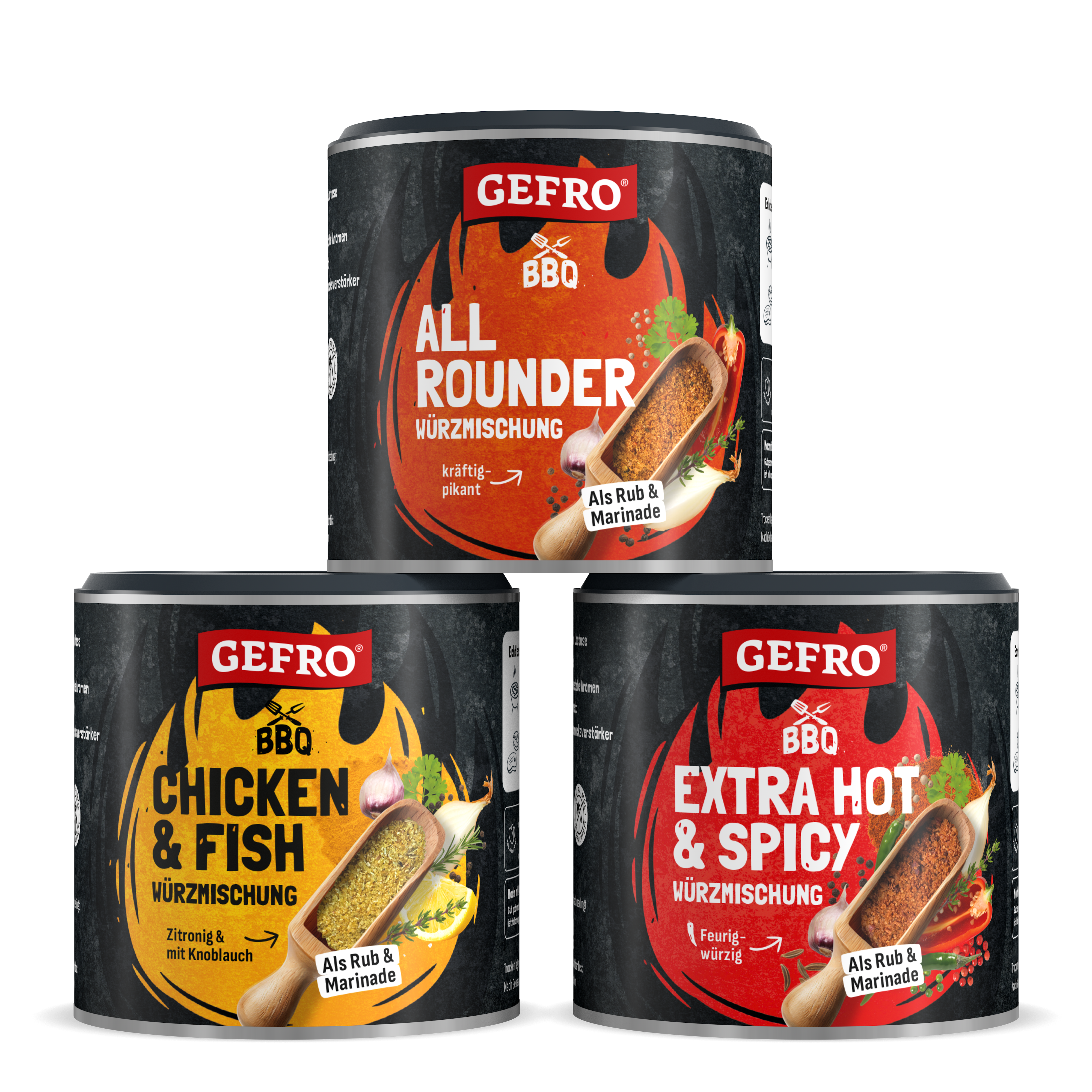 Drei GEFRO BBQ Gewürzdosen: All Rounder, Chicken & Fish sowie Extra Hot & Spicy, für Grillen, Rub und Marinade