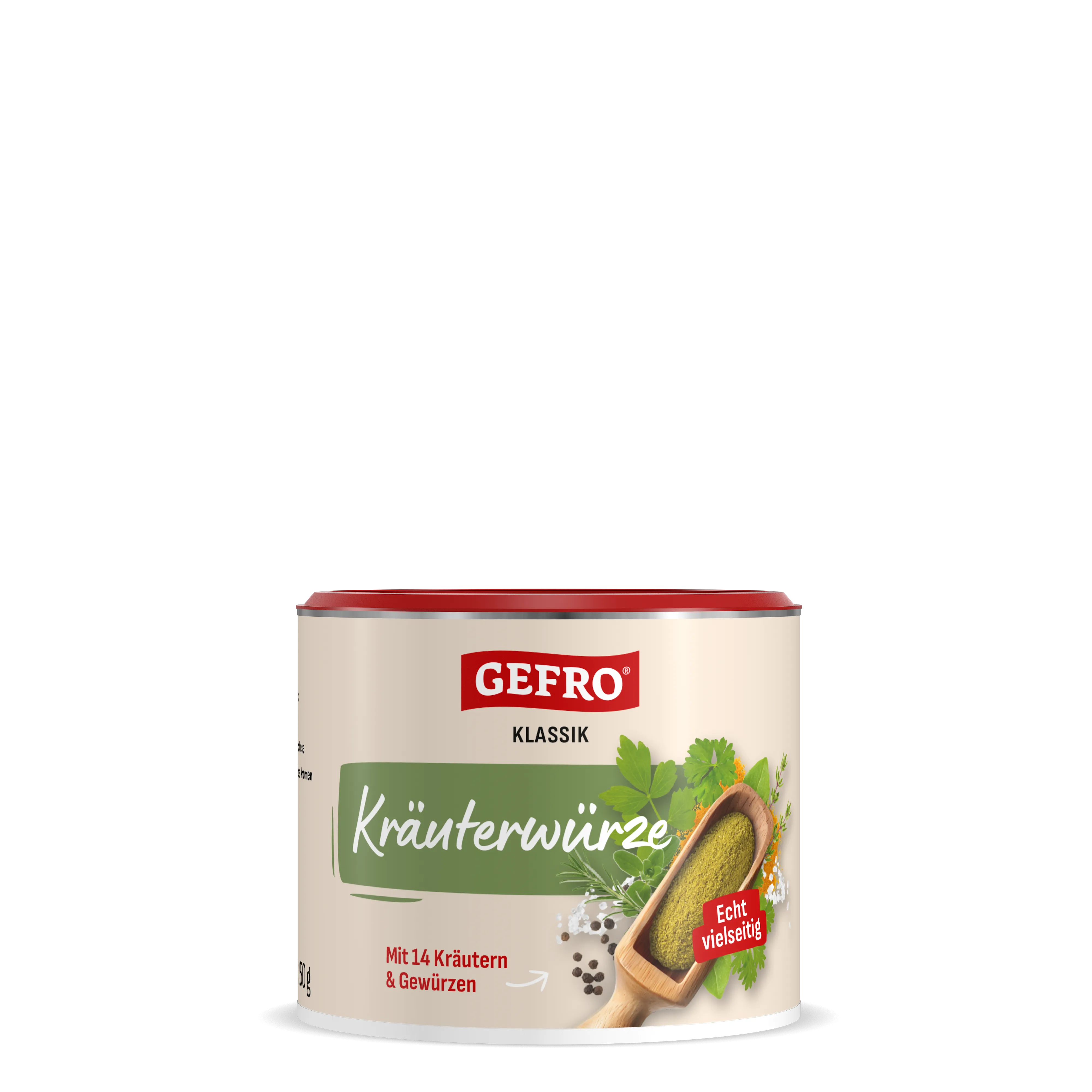 Dose GEFRO Klassik Kräuterwürze mit rotem Deckel und Aufdruck, Gewürzmischung mit 14 Kräutern und Gewürzen