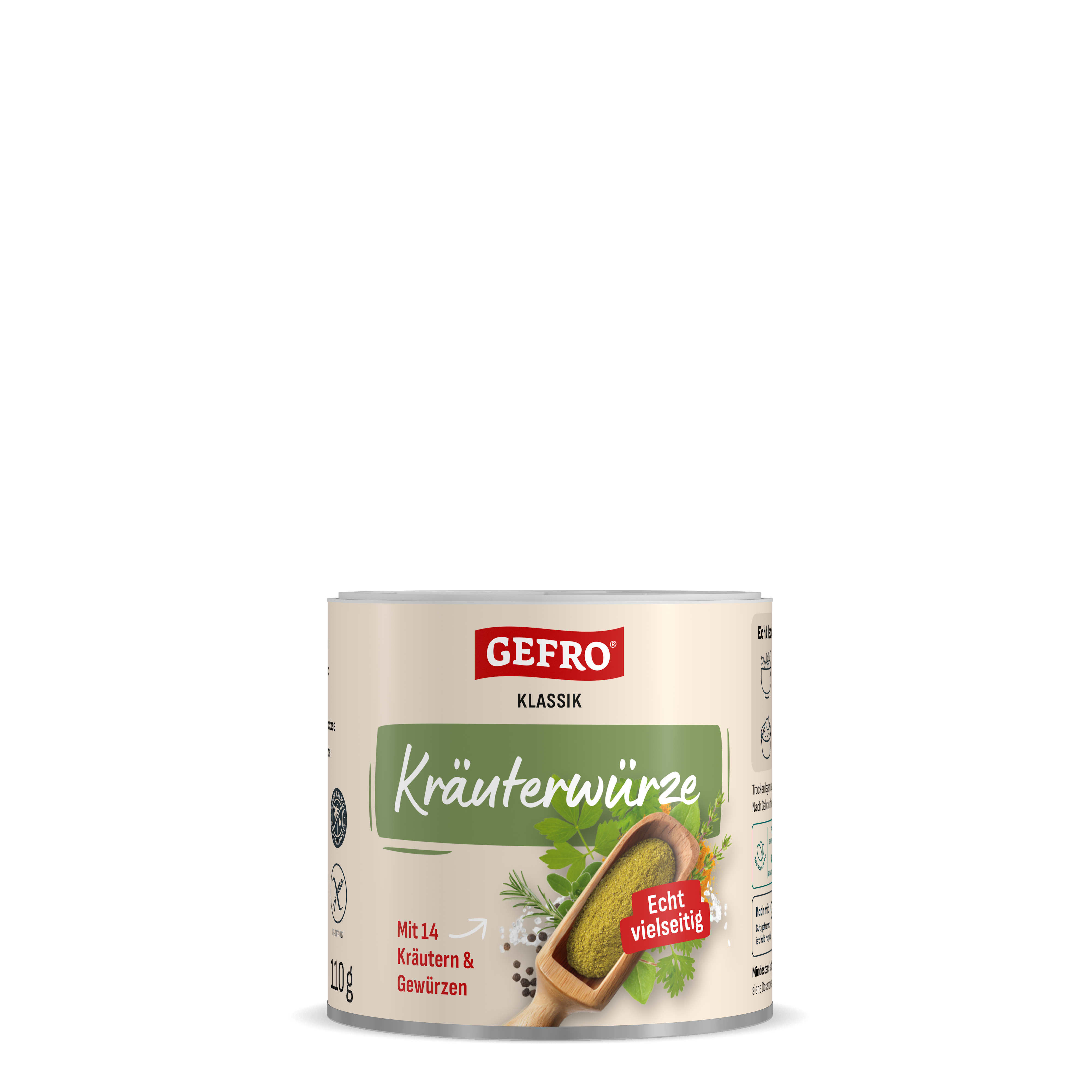 Dose GEFRO Klassik Kräuterwürze, 110 g, mit grüner Etikette und Kräutermotiv für vielseitiges Würzen