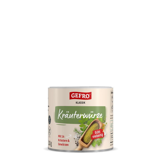 Dose Gefro Klassik Kräuterwürze mit grünem Etikett, Gewürzschaufel und Hinweis auf 14 Kräuter und Gewürze