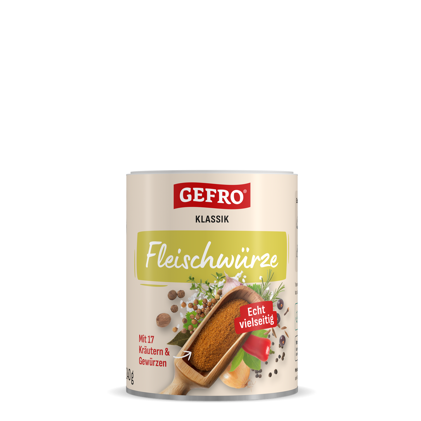 Dose GEFRO Klassik Fleischwürze, Vorderansicht mit Gewürzmischung in Holzschaufel und Kräutern auf dem Etikett