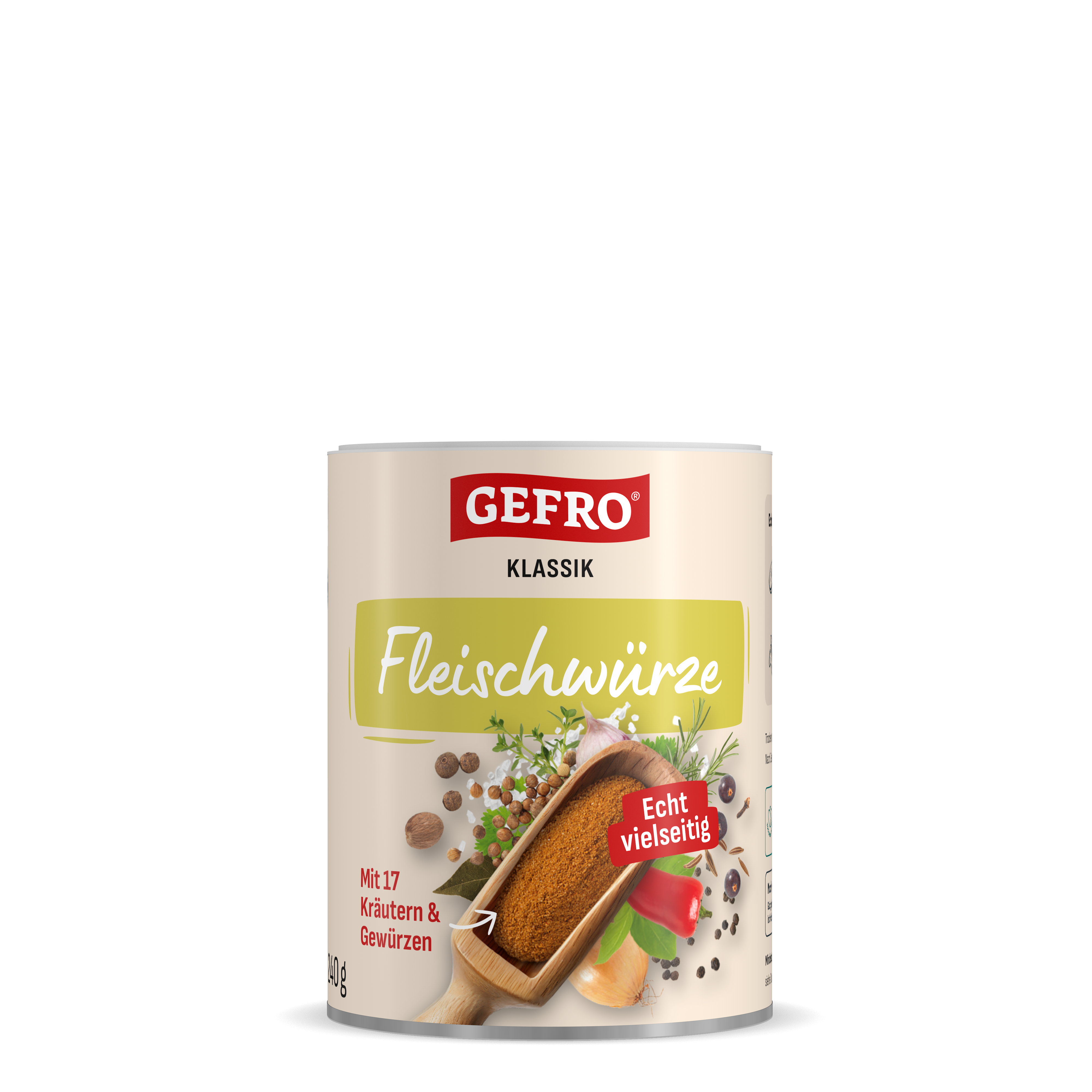 Dose GEFRO Klassik Fleischwürze, Vorderansicht mit Gewürzmischung in Holzschaufel und Kräutern auf dem Etikett