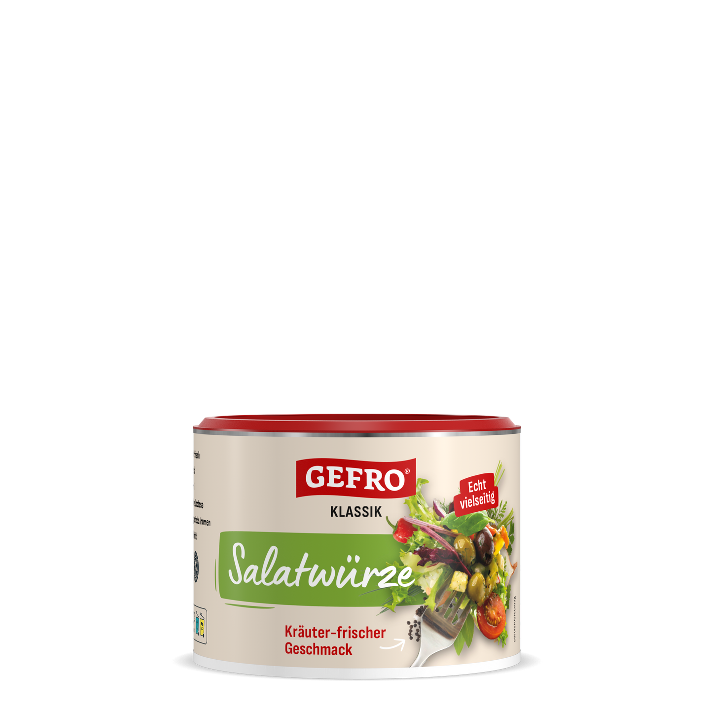 Dose GEFRO Klassik Salatwürze mit rotem Deckel, Produktverpackung für Salatgewürz mit Kräutergeschmack.