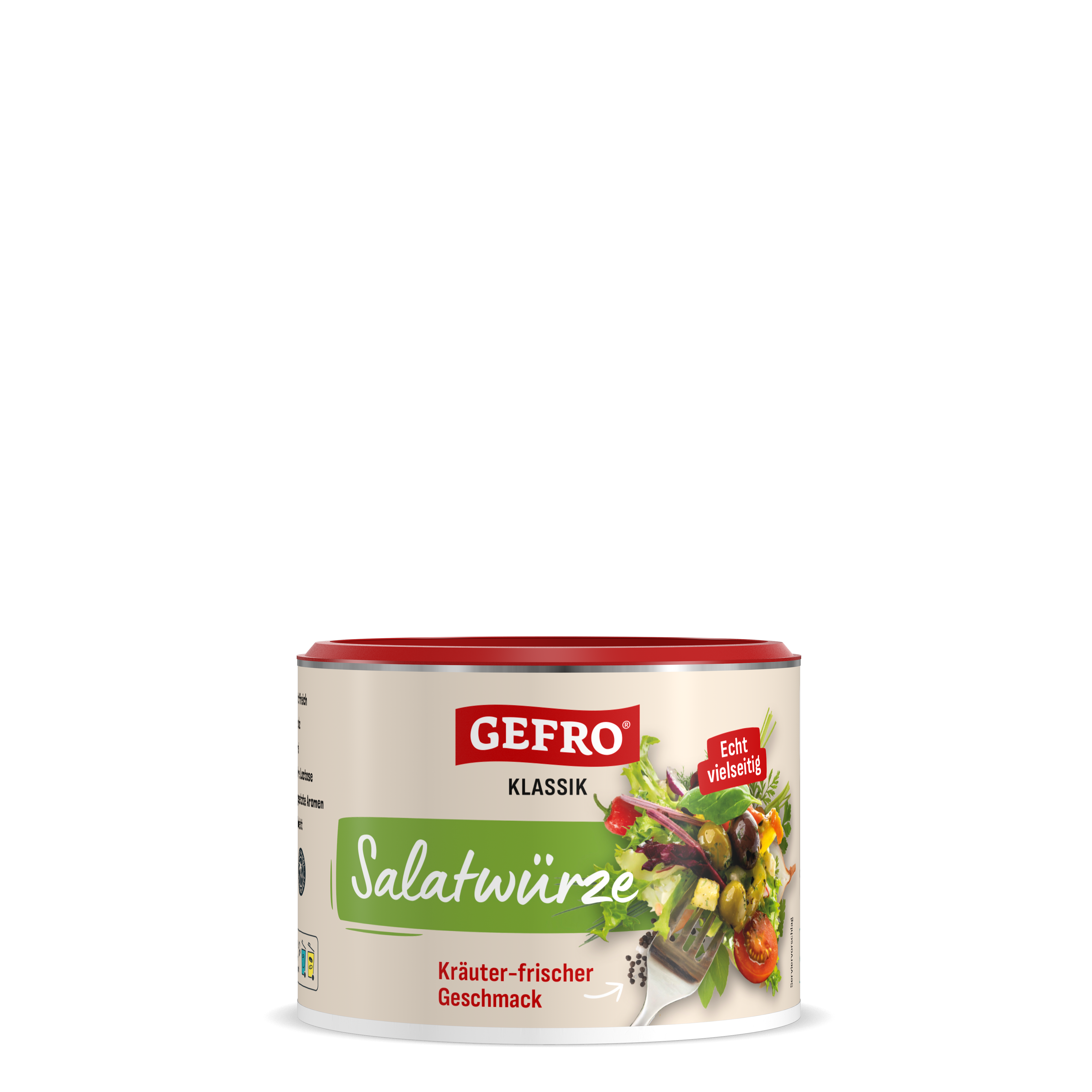 Dose GEFRO Klassik Salatwürze mit rotem Deckel, Produktverpackung für Salatgewürz mit Kräutergeschmack.