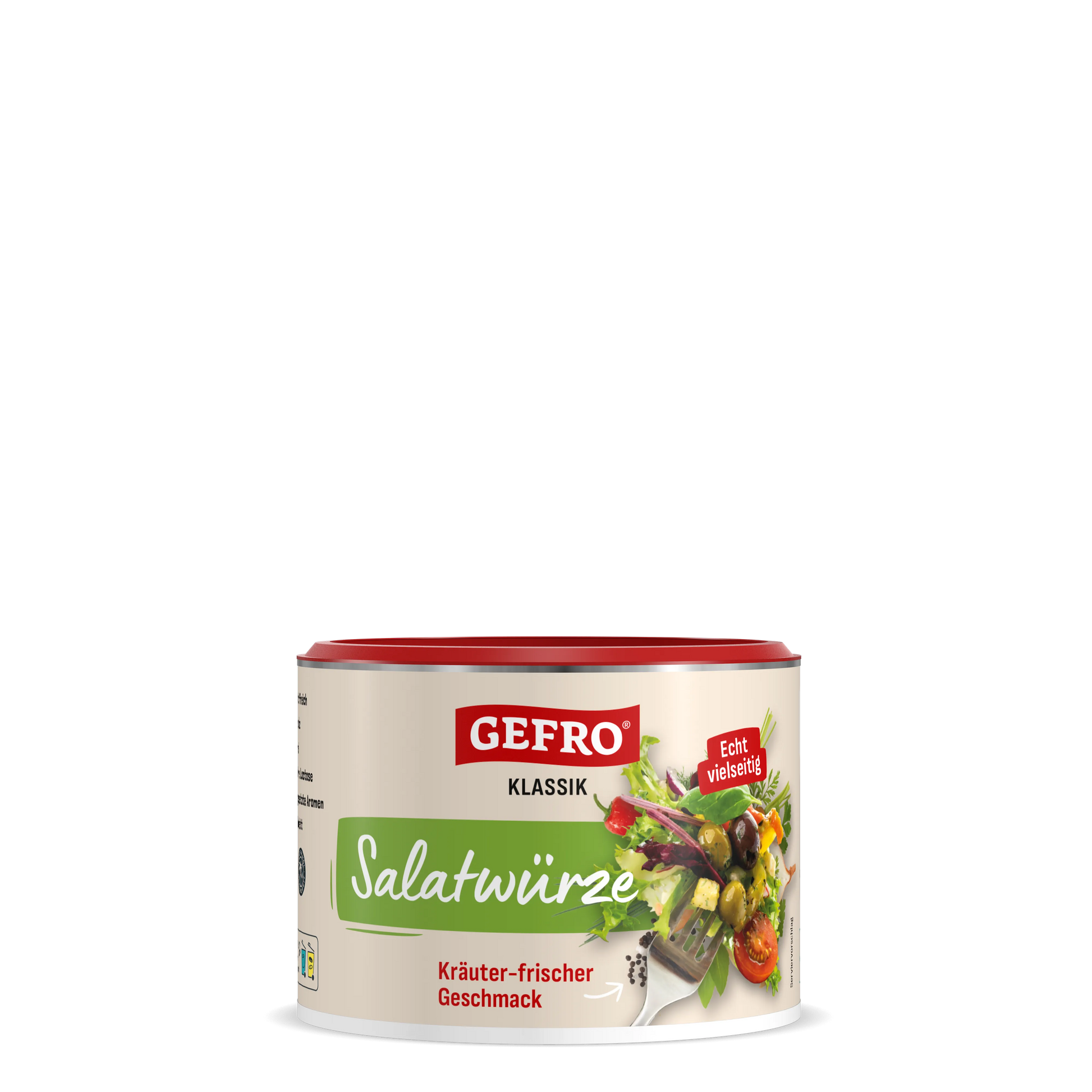 Dose GEFRO Klassik Salatwürze mit rotem Deckel, für Salate mit kräuterfrischem Geschmack, freigestellt dargestellt
