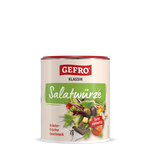Dose GEFRO Klassik Salatwürze mit rotem Deckel, grünem Etikett und Salatmotiv auf hellem Hintergrund