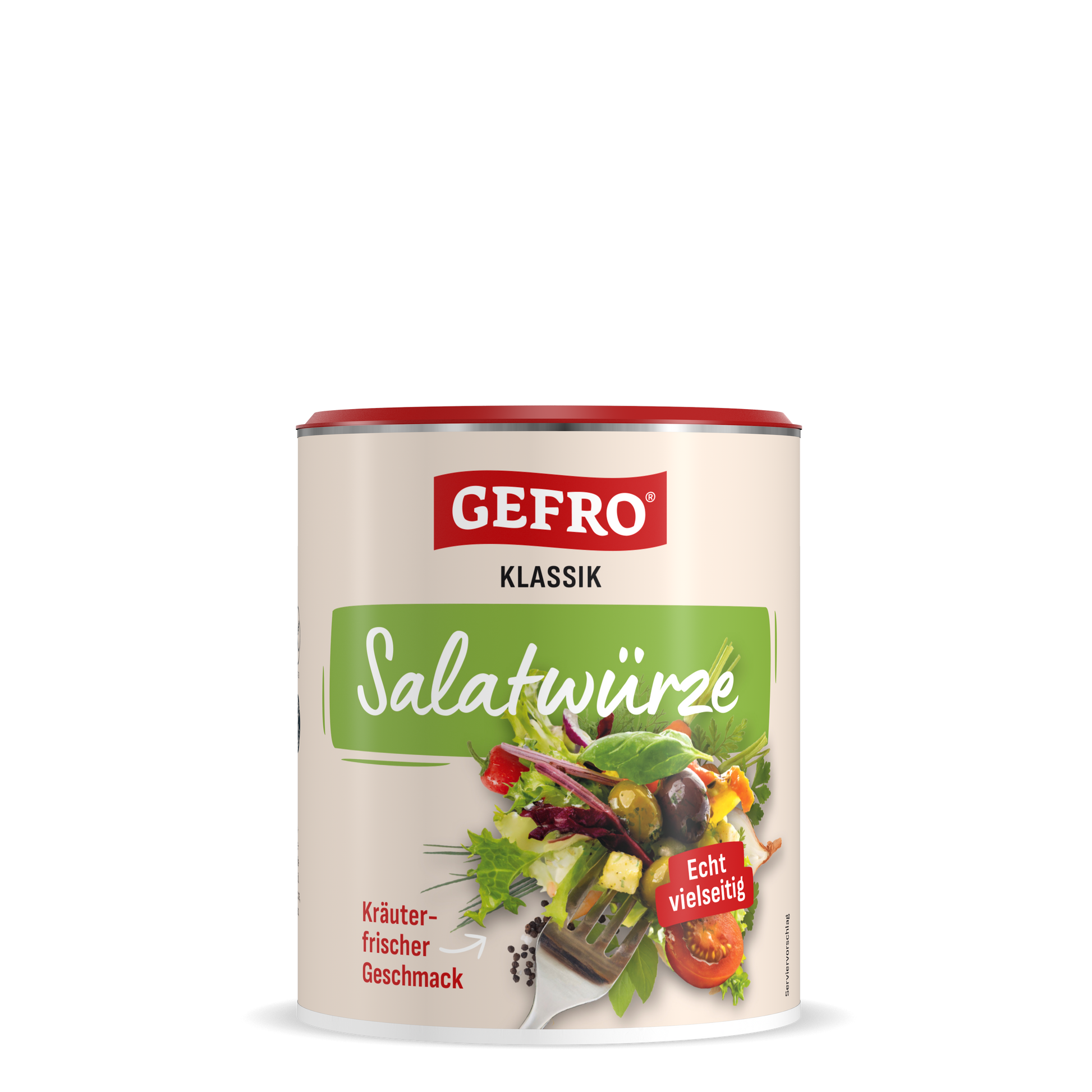 Dose GEFRO Klassik Salatwürze mit rotem Deckel, grünem Etikett und Salatmotiv auf hellem Hintergrund