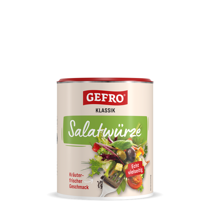 Dose GEFRO Klassik Salatwürze mit rotem Deckel, grünem Etikett und Salatmotiv auf hellem Hintergrund